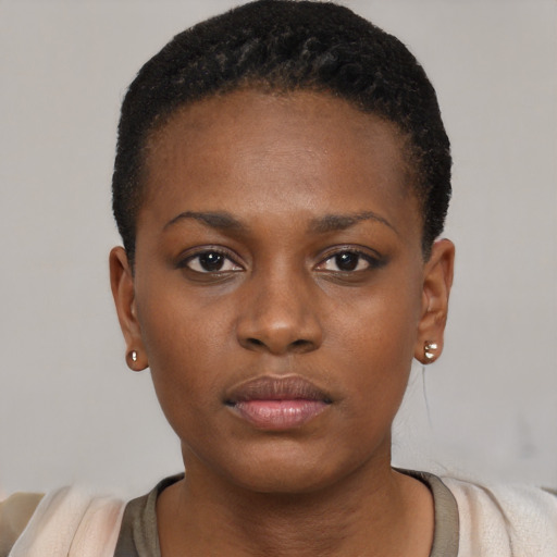 Neutral black young-adult female with short  black hair and brown eyes