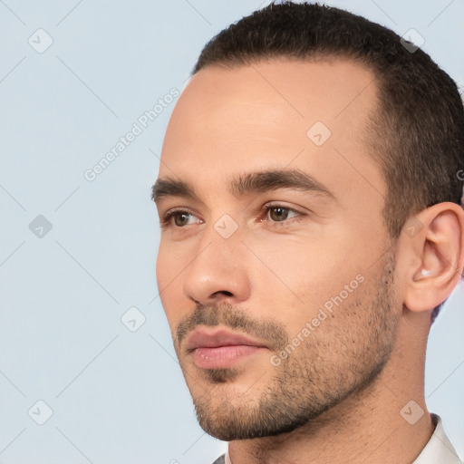 Neutral white young-adult male with short  brown hair and brown eyes