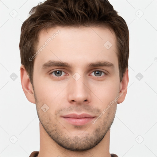 Neutral white young-adult male with short  brown hair and grey eyes