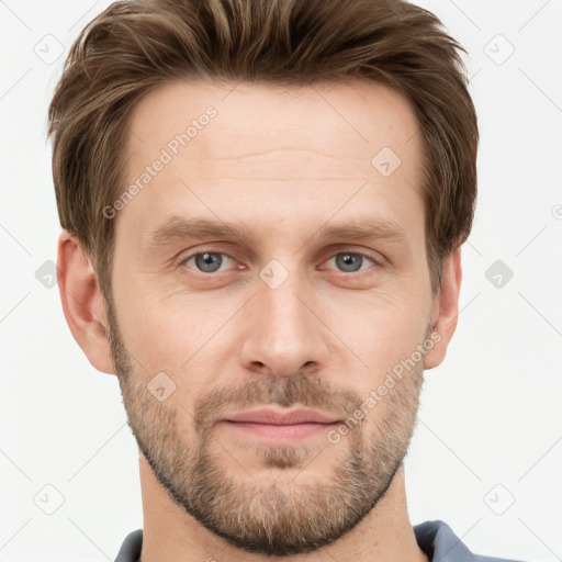 Neutral white young-adult male with short  brown hair and grey eyes