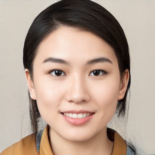 Joyful white young-adult female with medium  black hair and brown eyes