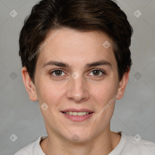 Joyful white young-adult female with short  brown hair and brown eyes