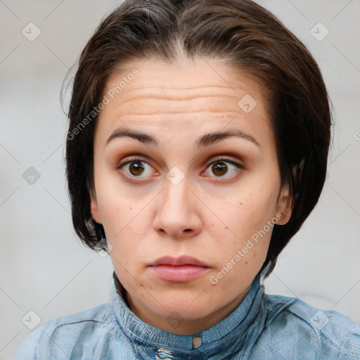 Neutral white young-adult female with medium  brown hair and brown eyes