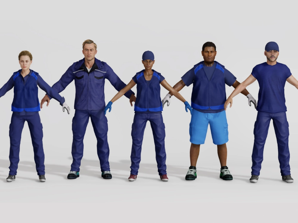 Five 3D worker models in blue uniforms holding hands for BMW virtual factory simulation