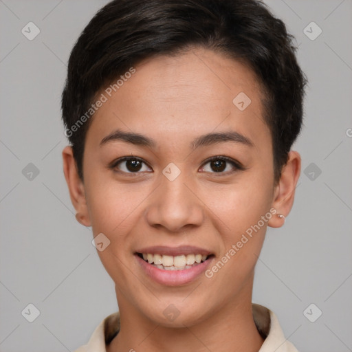 Joyful asian young-adult female with short  brown hair and brown eyes