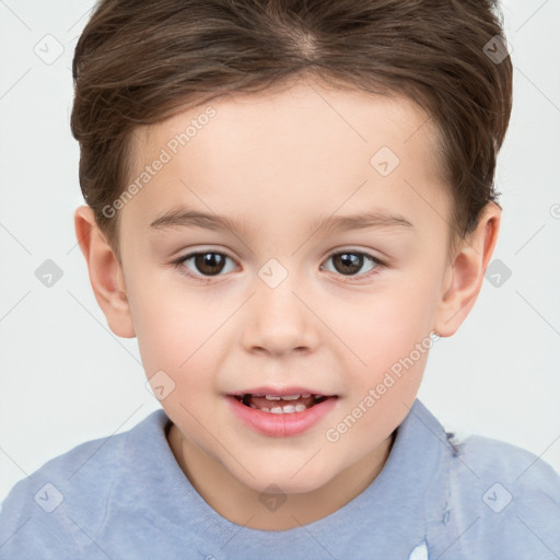 Joyful white child female with short  brown hair and brown eyes