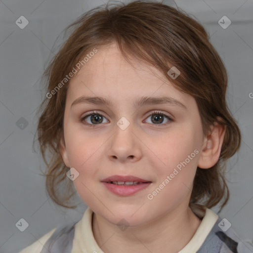 Joyful white child female with medium  brown hair and brown eyes