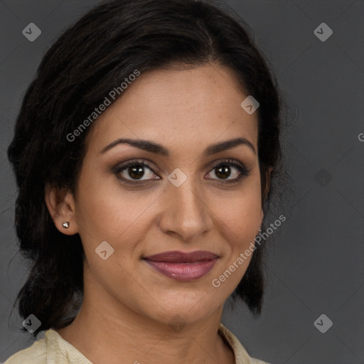 Joyful latino young-adult female with medium  brown hair and brown eyes