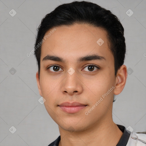 Neutral latino young-adult male with short  black hair and brown eyes