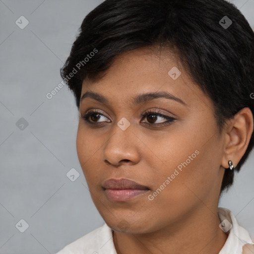 Neutral asian young-adult female with short  black hair and brown eyes