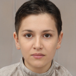 Neutral white young-adult female with short  brown hair and brown eyes