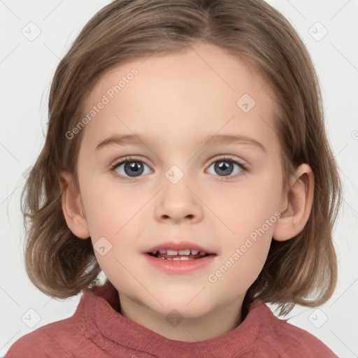 Joyful white child female with medium  brown hair and grey eyes