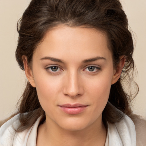 Neutral white young-adult female with medium  brown hair and brown eyes