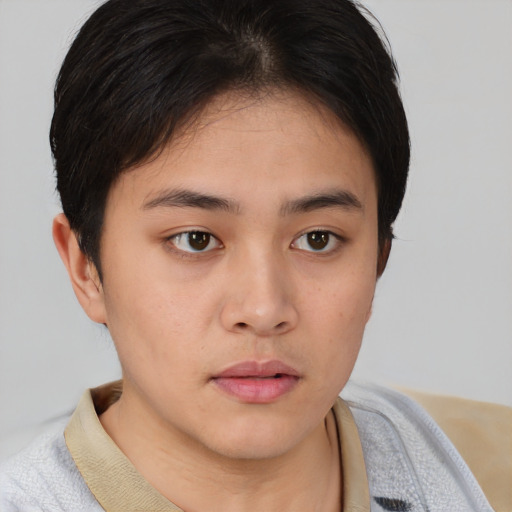 Neutral white young-adult female with short  brown hair and brown eyes
