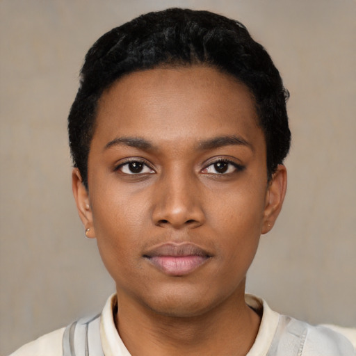 Neutral latino young-adult female with short  black hair and brown eyes