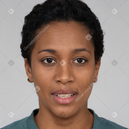 Joyful black young-adult female with short  black hair and brown eyes