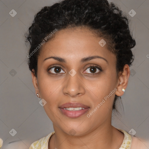 Joyful latino young-adult female with short  brown hair and brown eyes