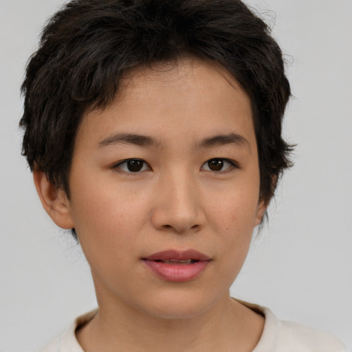 Neutral asian young-adult female with short  brown hair and brown eyes