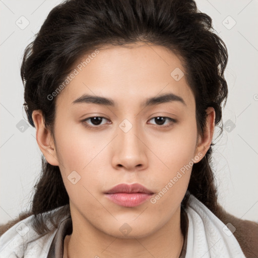 Neutral white young-adult female with medium  brown hair and brown eyes