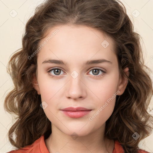 Joyful white young-adult female with medium  brown hair and green eyes