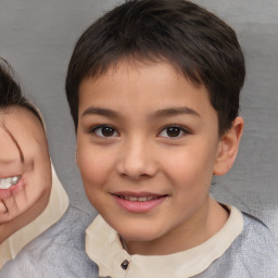 Joyful white child female with short  brown hair and brown eyes