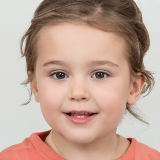 Joyful white child female with medium  brown hair and brown eyes