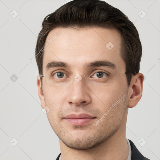 Neutral white young-adult male with short  brown hair and grey eyes