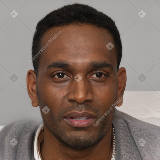 Neutral black young-adult male with short  black hair and brown eyes