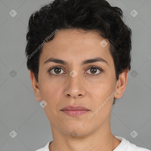 Joyful white young-adult female with short  brown hair and brown eyes