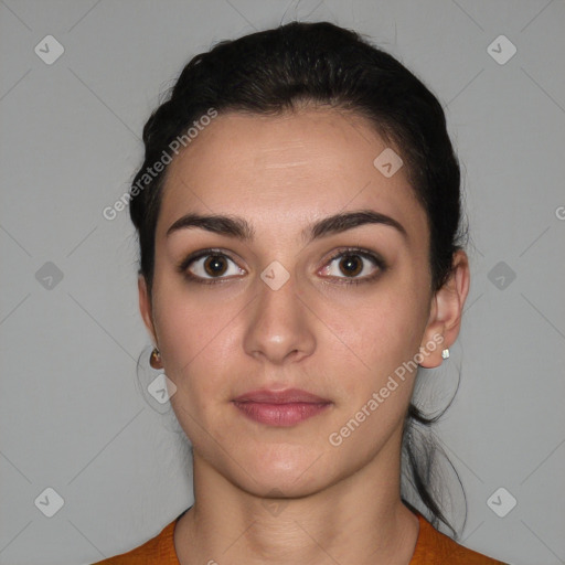 Neutral white young-adult female with medium  brown hair and brown eyes