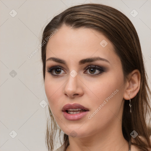 Neutral white young-adult female with medium  brown hair and brown eyes