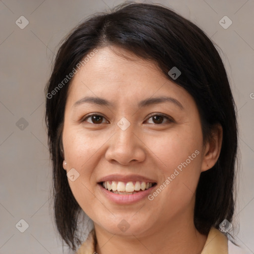 Joyful white young-adult female with medium  brown hair and brown eyes