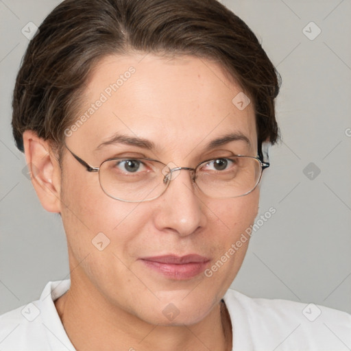 Joyful white adult female with short  brown hair and brown eyes