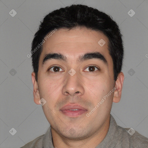 Neutral asian young-adult male with short  black hair and brown eyes