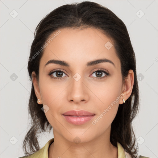 Neutral white young-adult female with long  brown hair and brown eyes