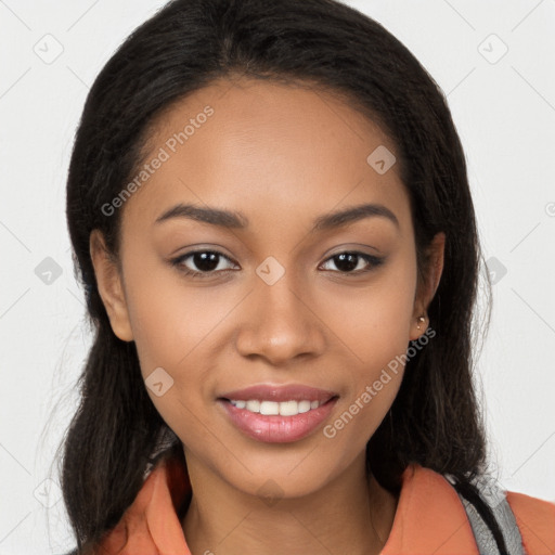 Joyful latino young-adult female with long  brown hair and brown eyes