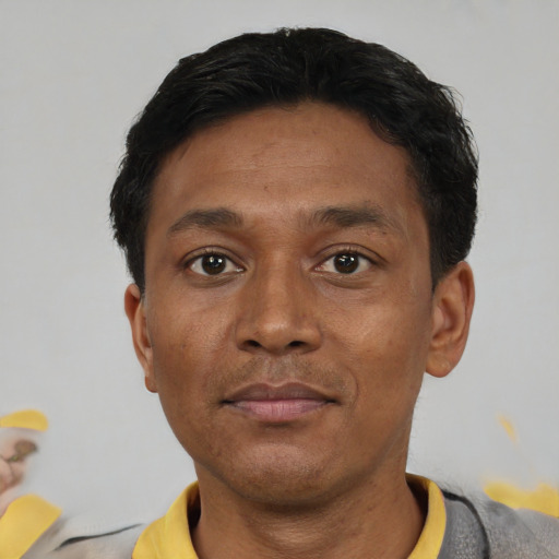 Neutral asian adult male with short  black hair and brown eyes