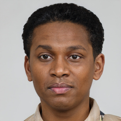 Neutral black young-adult male with short  black hair and brown eyes