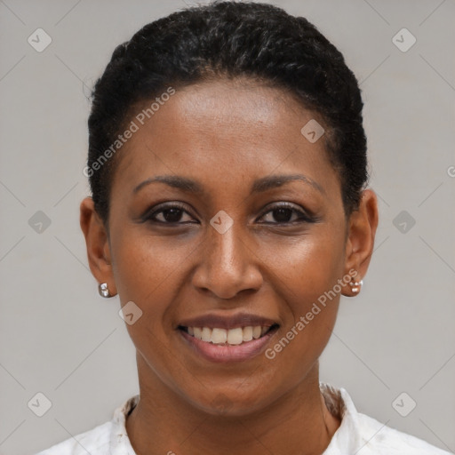Joyful black young-adult female with short  black hair and brown eyes