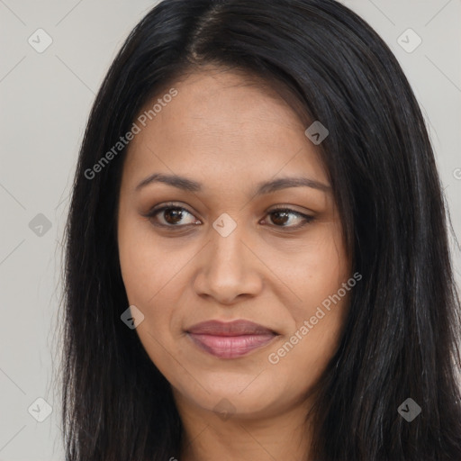 Joyful latino young-adult female with long  black hair and brown eyes