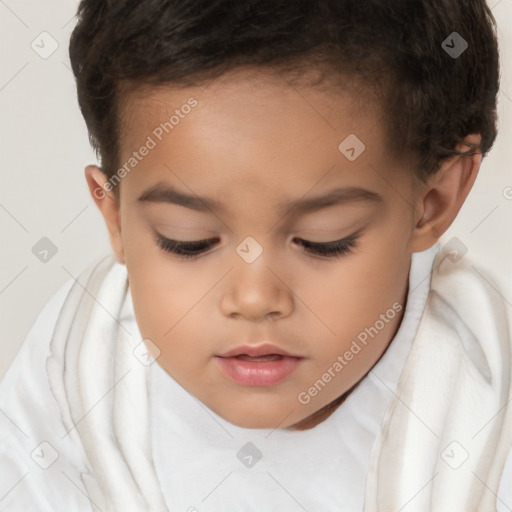 Joyful white child female with short  brown hair and brown eyes