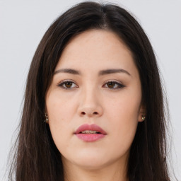 Neutral asian young-adult female with long  brown hair and brown eyes