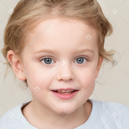 Joyful white child female with medium  brown hair and blue eyes