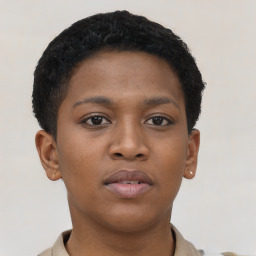 Neutral black young-adult female with short  brown hair and brown eyes