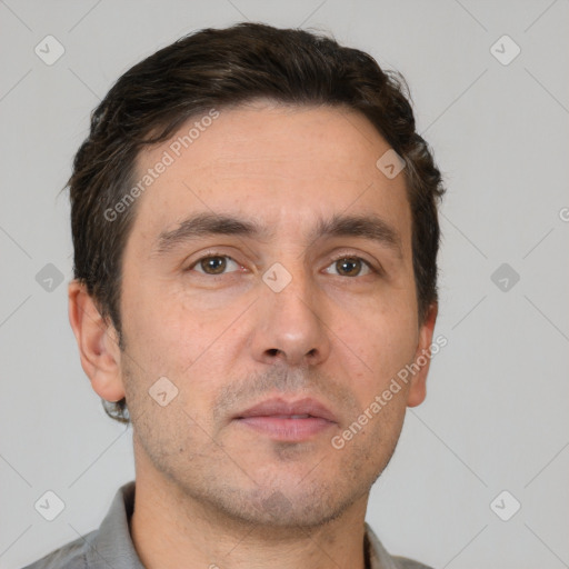 Neutral white adult male with short  brown hair and brown eyes