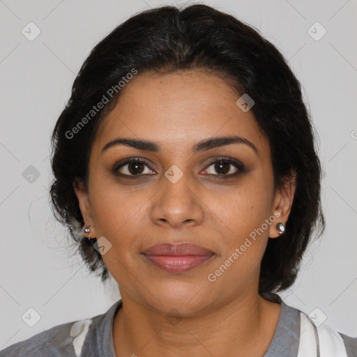 Joyful latino young-adult female with medium  brown hair and brown eyes