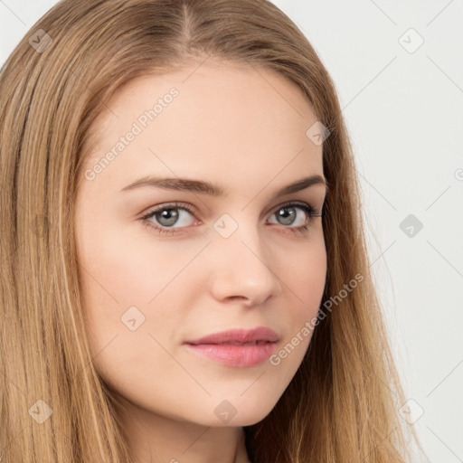 Neutral white young-adult female with long  brown hair and brown eyes