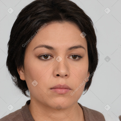 Neutral white young-adult female with medium  brown hair and brown eyes