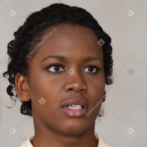 Neutral black young-adult female with short  brown hair and brown eyes