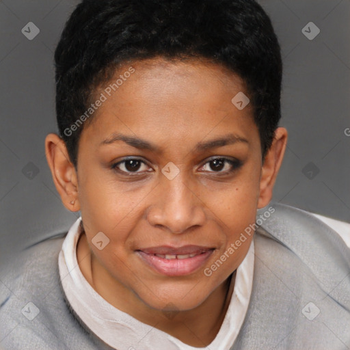 Joyful black young-adult female with short  brown hair and brown eyes